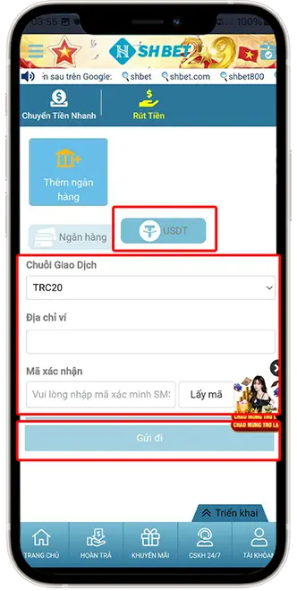 Bước 2: Chọn USDT và loại ví TRC20 nhập mã ví USDT -> Lấy Mã